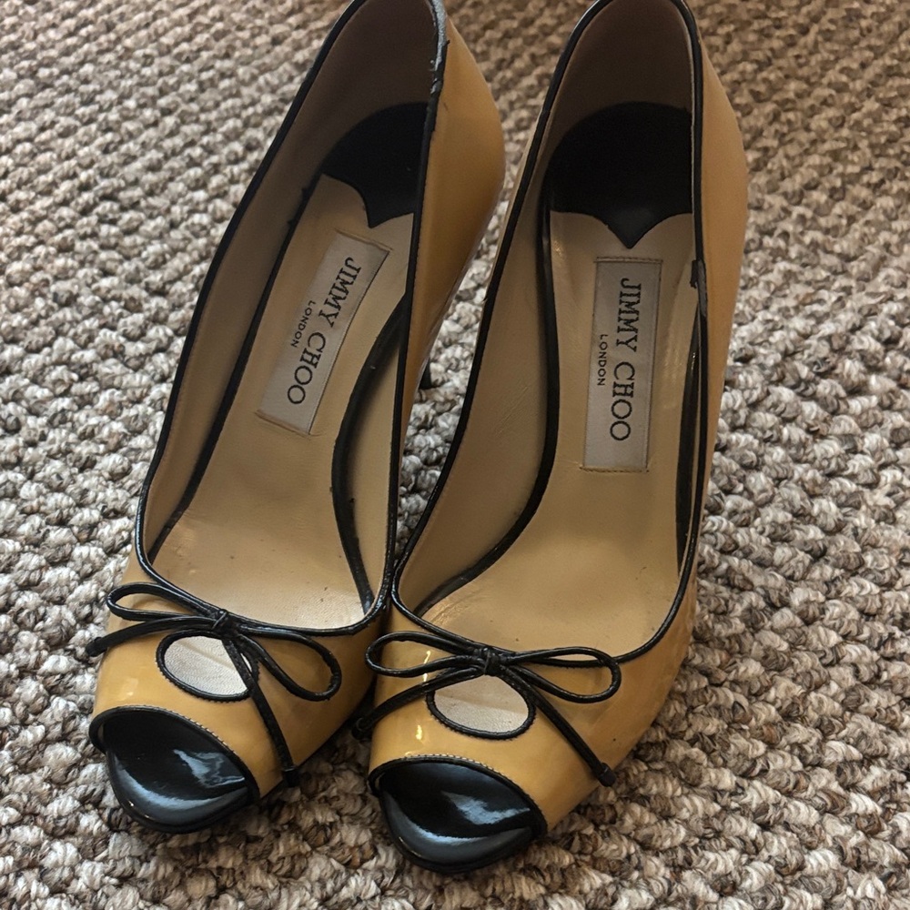 Jimmy Choo Black and Tan Bow Peep Toe Heels